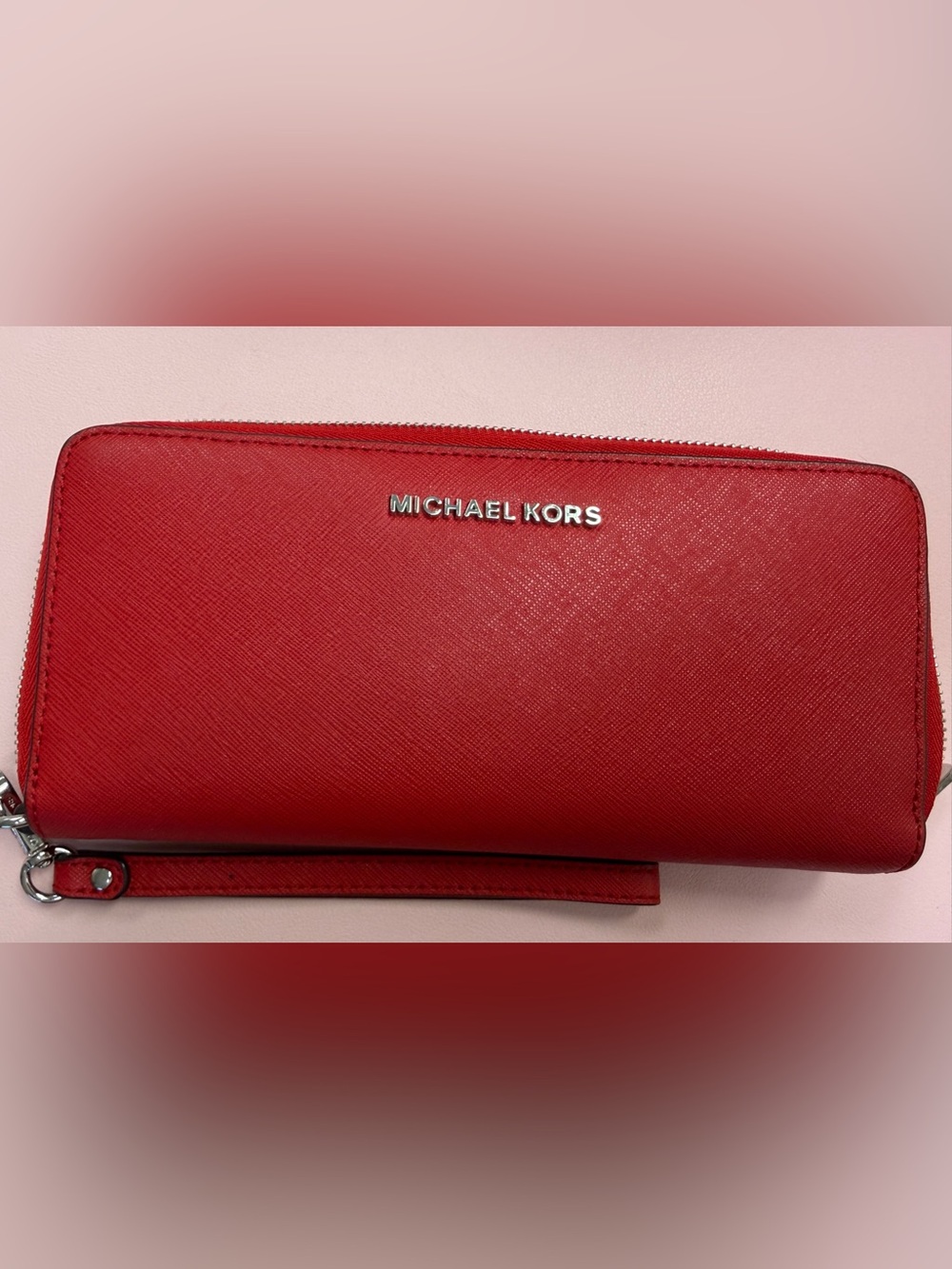 Michael Kors Red Saffiano Zip Wallet with Silver Logo